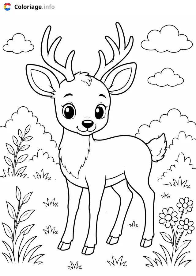 Coloriage Un jeune cerf dans la nature - Cerf à imprimer