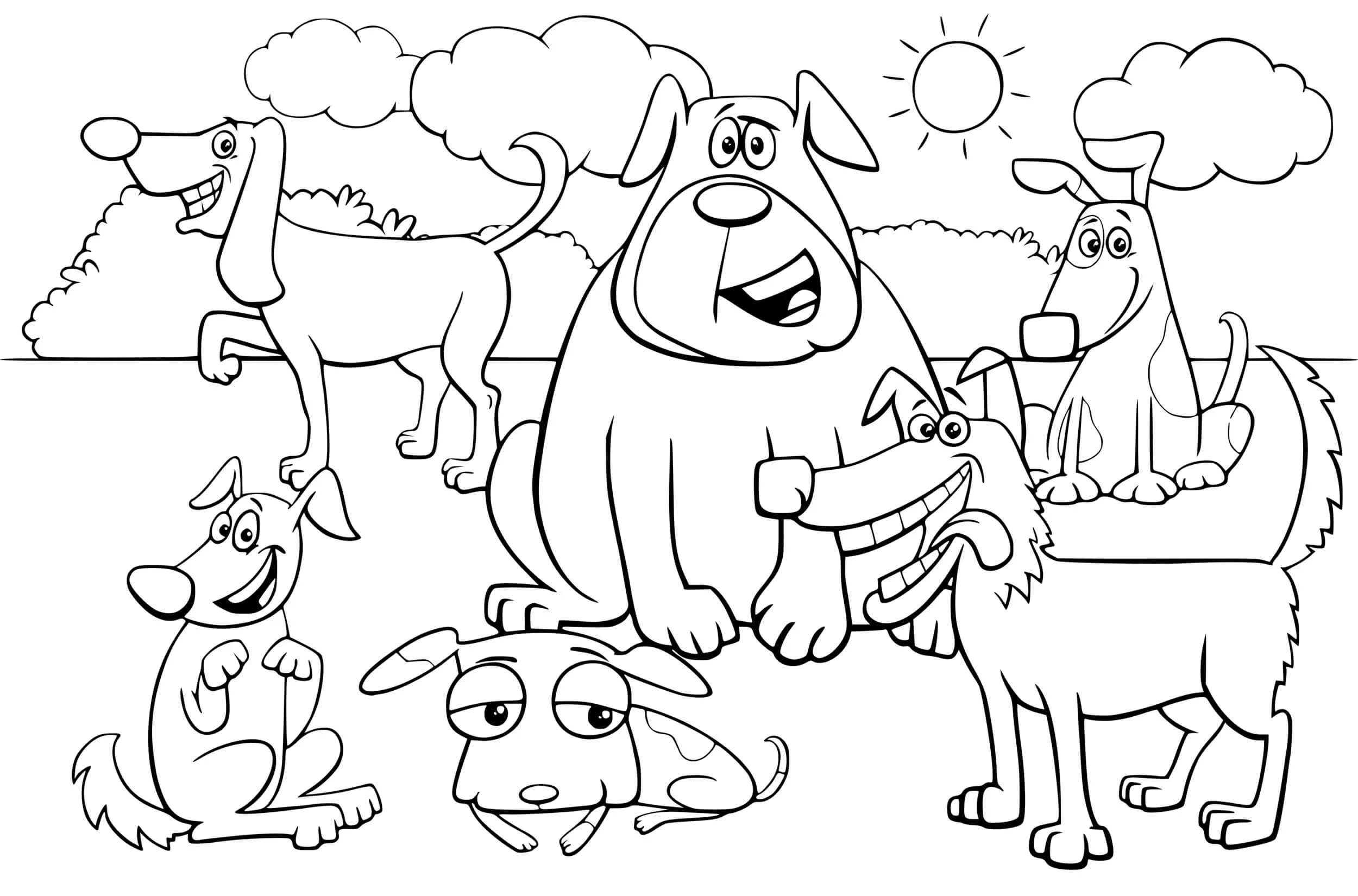 Coloriage Un Monde De Chiens Dans La Nature - Chien à imprimer