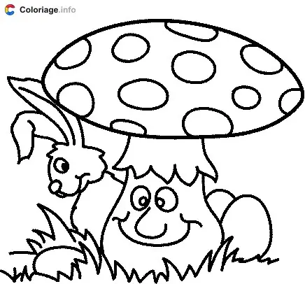 Little Bunny Hiding Behind a Mushroom coloring page to print