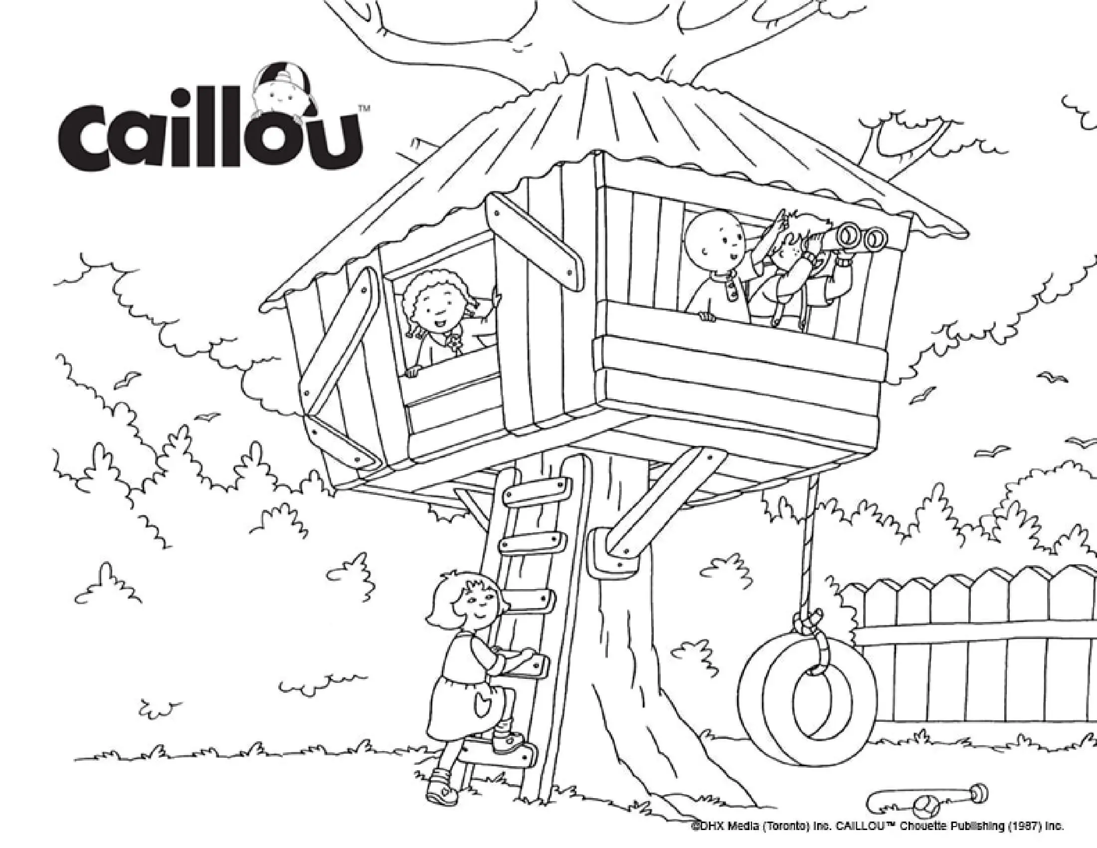 Coloriage Une Cabane Dans Les Arbres Avec Sarah Leo Caillou Et Clementine - Caillou à imprimer