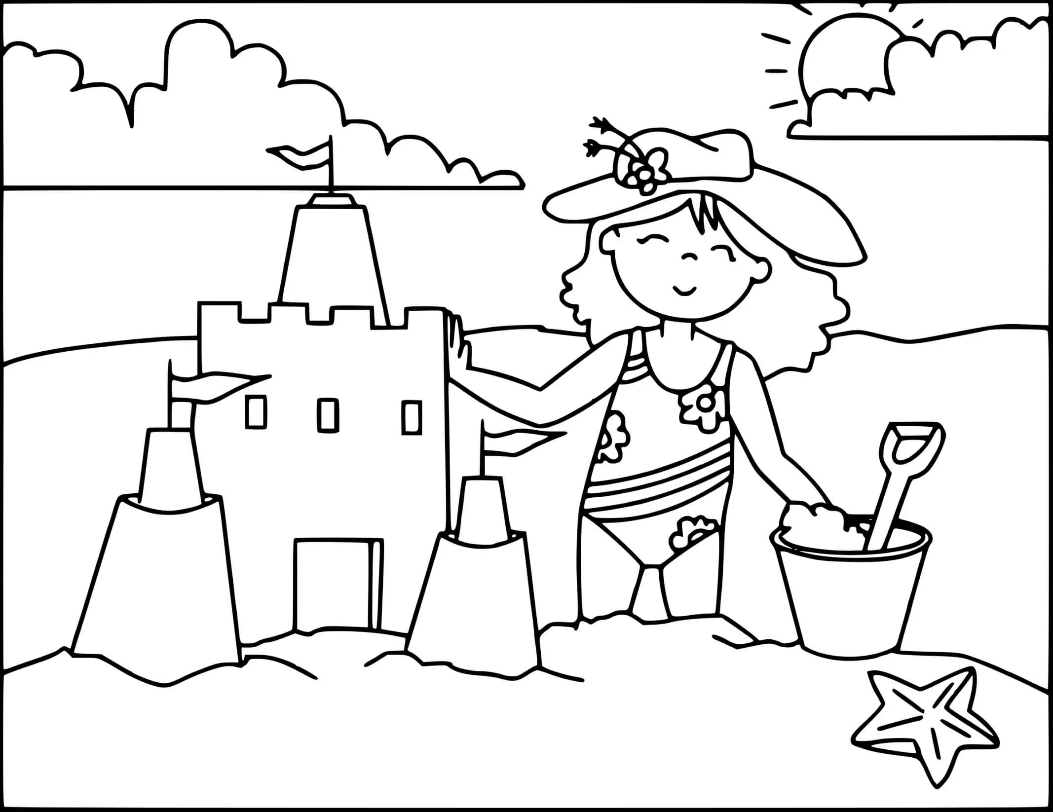 Coloriage Une Fille Construit Un Château De Sable A La Plage - Plage à imprimer