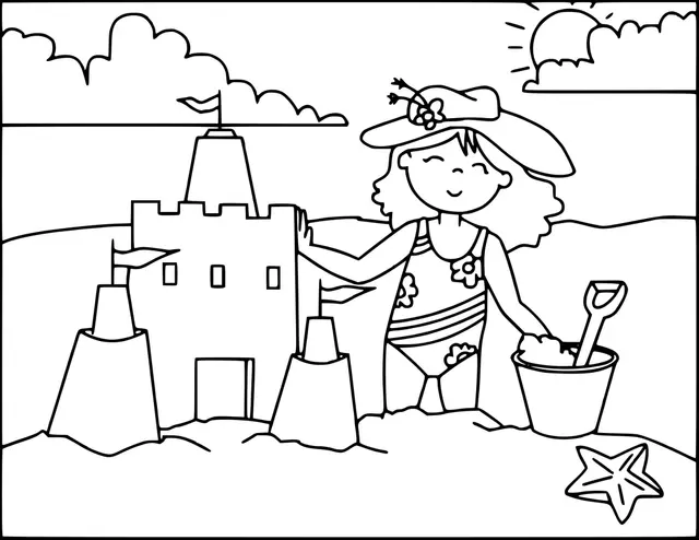 Coloriage Une Fille Construit Un Château De Sable A La Plage - Plage à imprimer