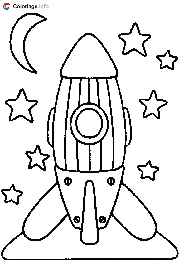 Rocket in Space with the Moon and Stars coloring page to print