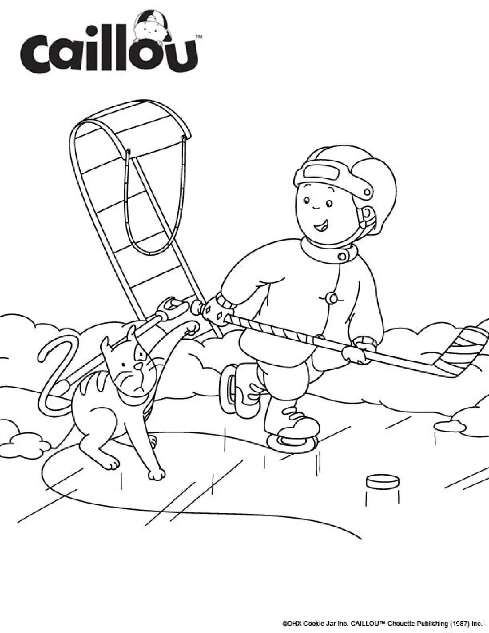 Coloriage Une Partie De Hockey Entre Caillou Et Le Chat Gilbert Qui Font Du Sport - Caillou à imprimer