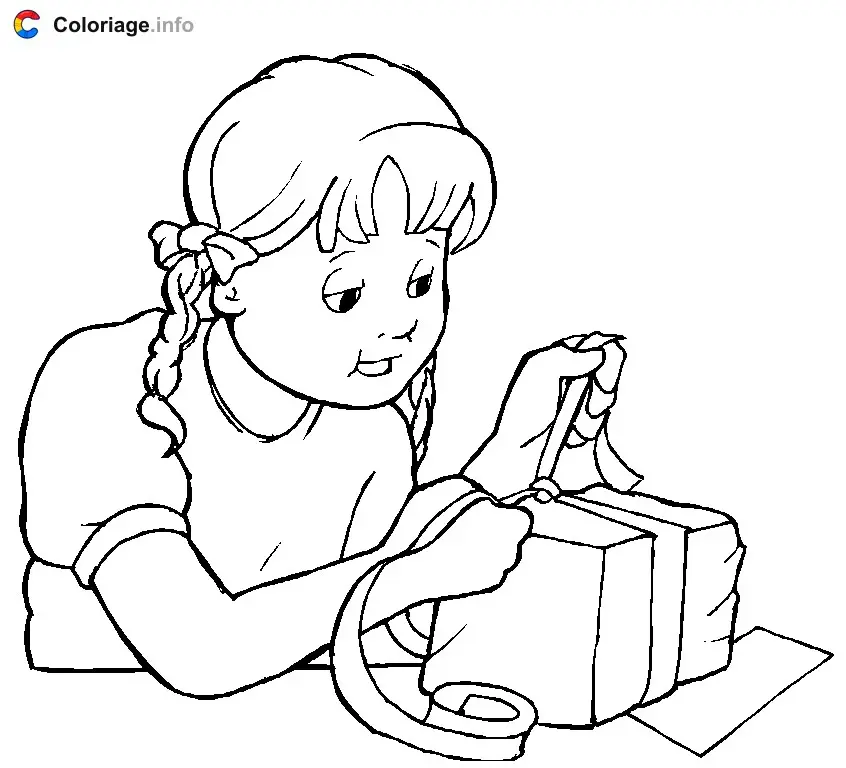 Little Girl Wrapping a Gift for Mom coloring page to print