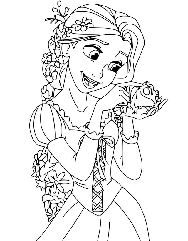 Coloriage Une Princesse Qui Taquine Son Animal De Compagnie - Raiponce à imprimer