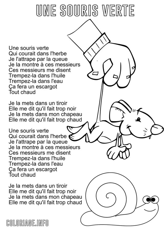 Coloriage Une Souris Verte Comptine Enfant Avec Paroles - Comptine à imprimer