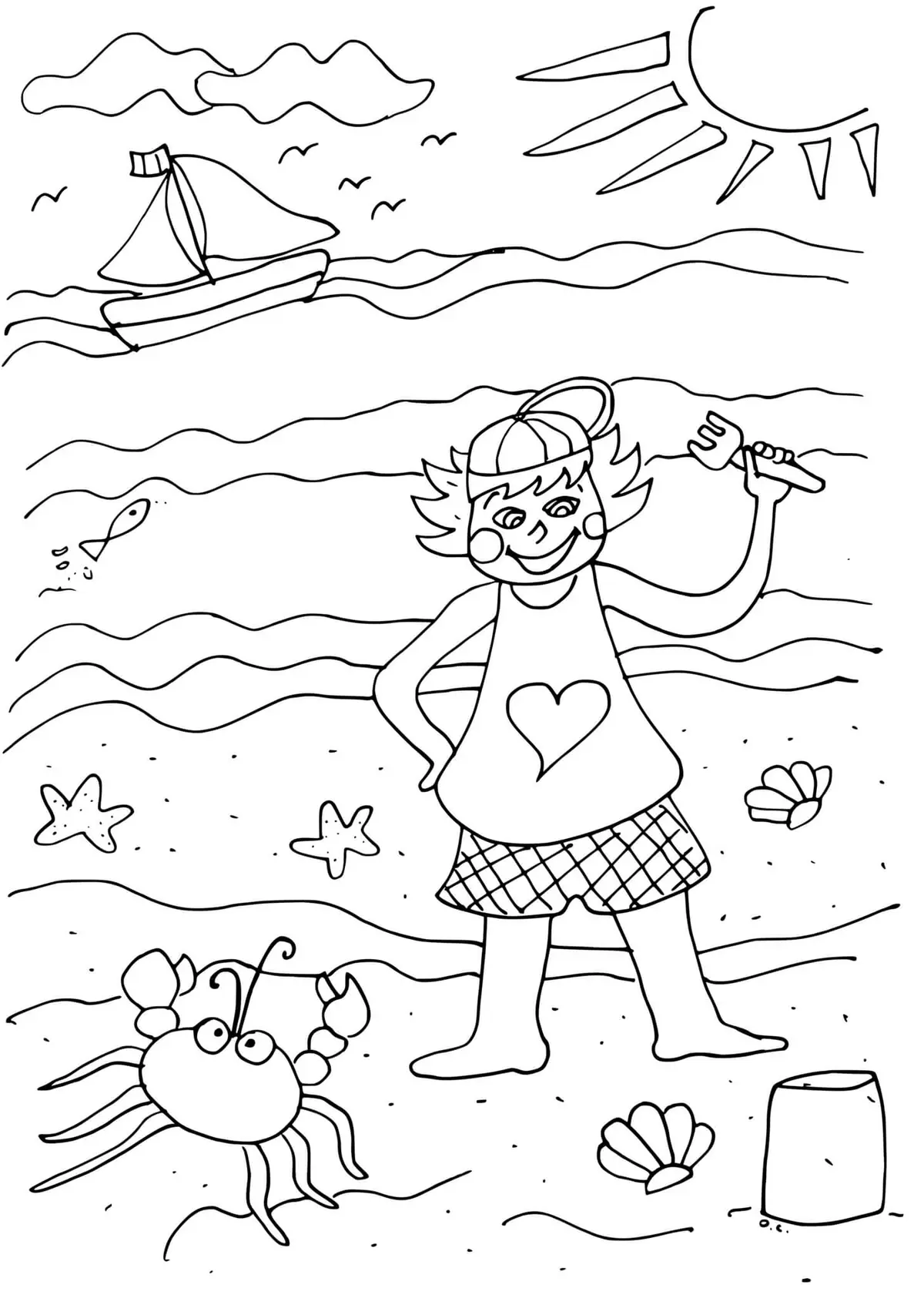 Kleurplaat Meisje op het strand om te printen