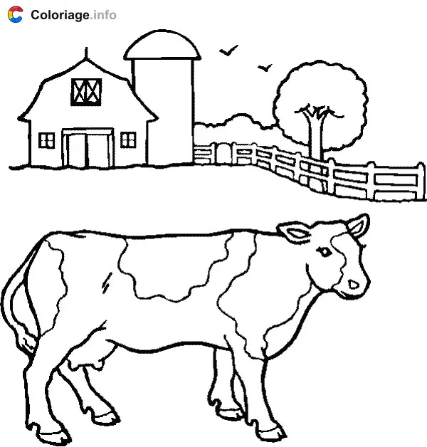 Coloriage Vache avec une ferme - Animaux de la ferme à imprimer