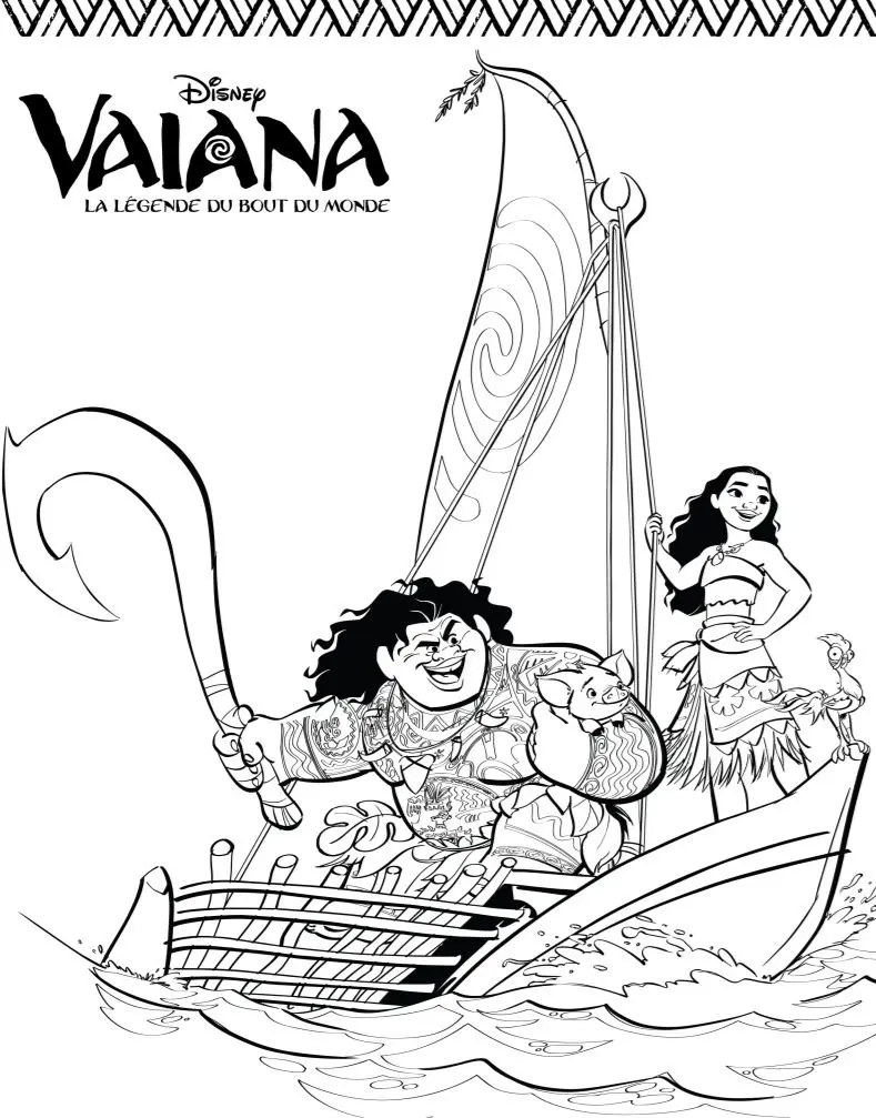 Moana and Maui on a Sailboat coloring page to print