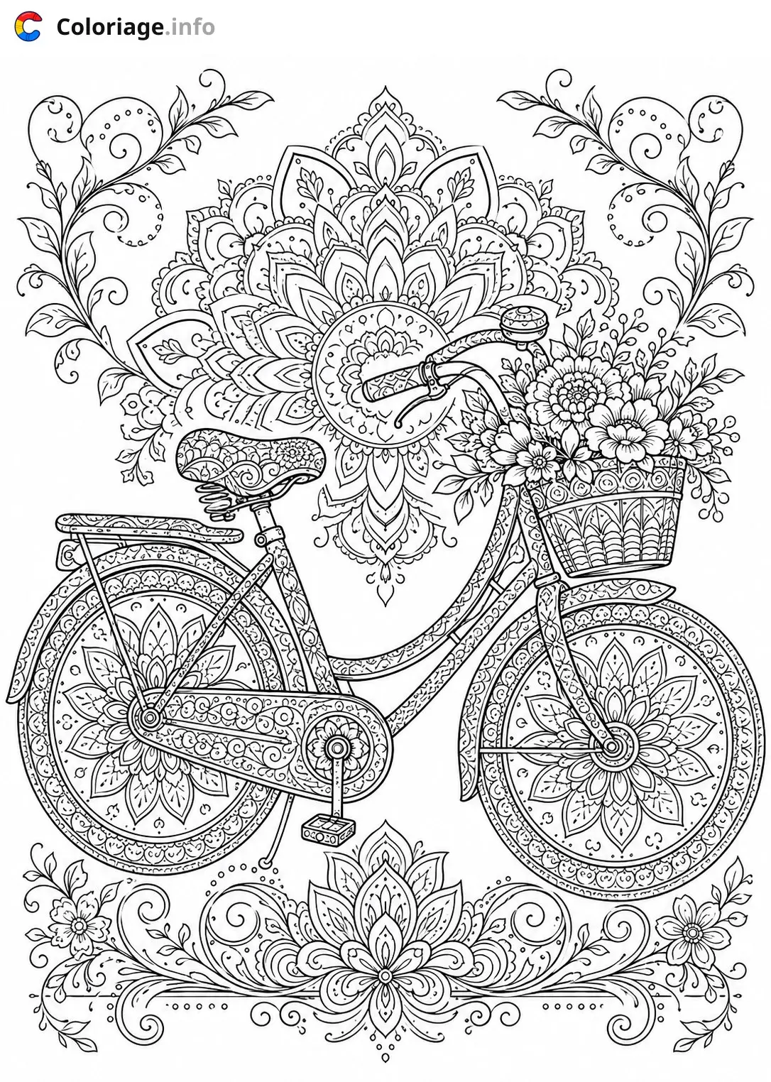 Coloriage Vélo fleuri avec mandala - Vélo à imprimer
