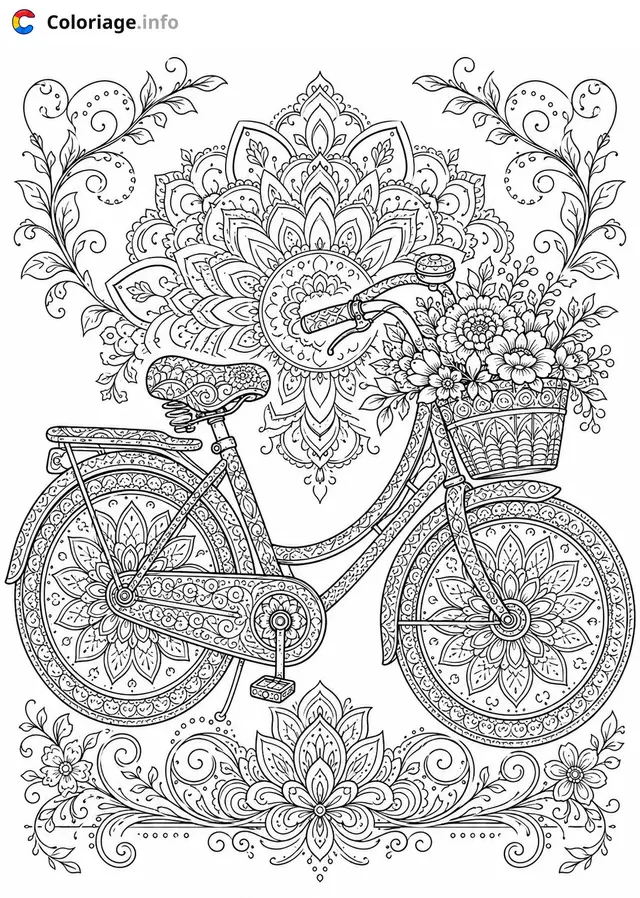 Coloriage Vélo fleuri avec mandala - Vélo à imprimer
