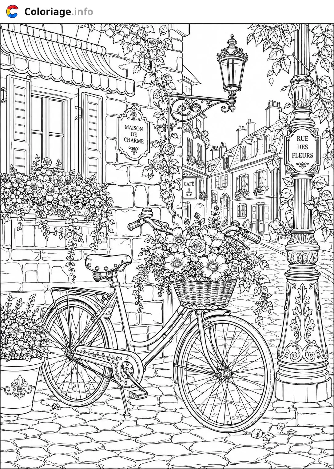Coloriage Vélo Rue des Fleurs à Paris - Vélo à imprimer