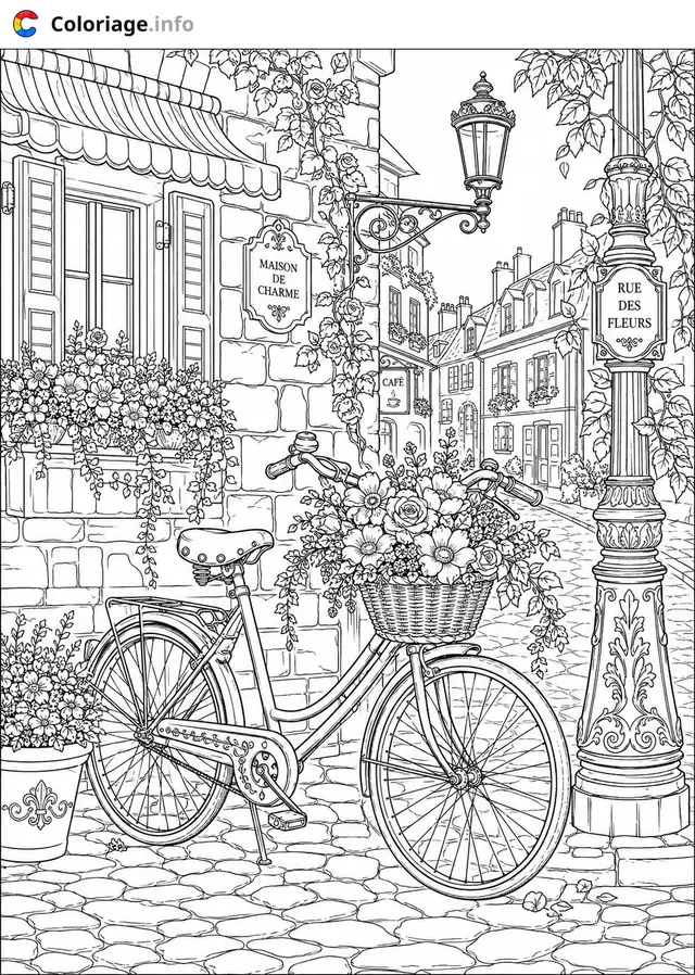 Coloriage Vélo Rue des Fleurs à Paris - Paris à imprimer