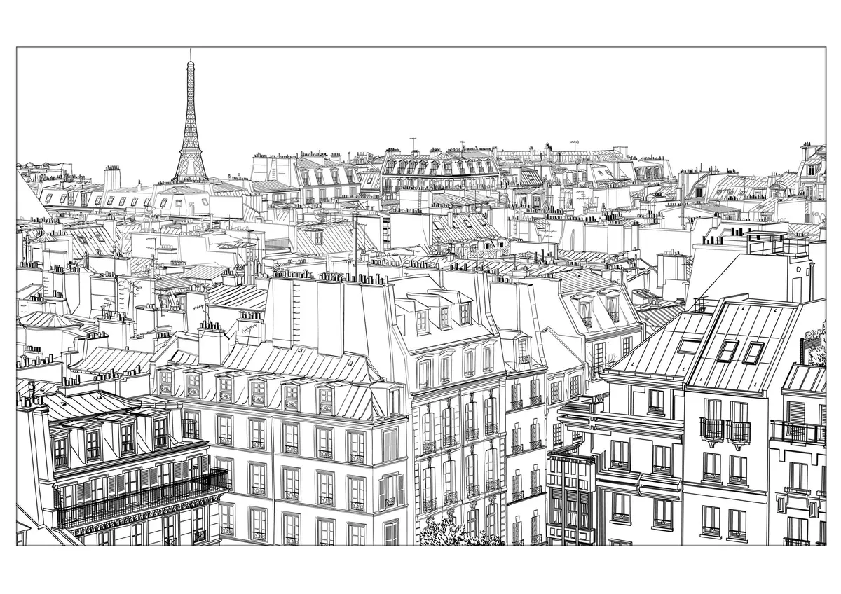 Paris City Buildings and Skyline coloring page to print