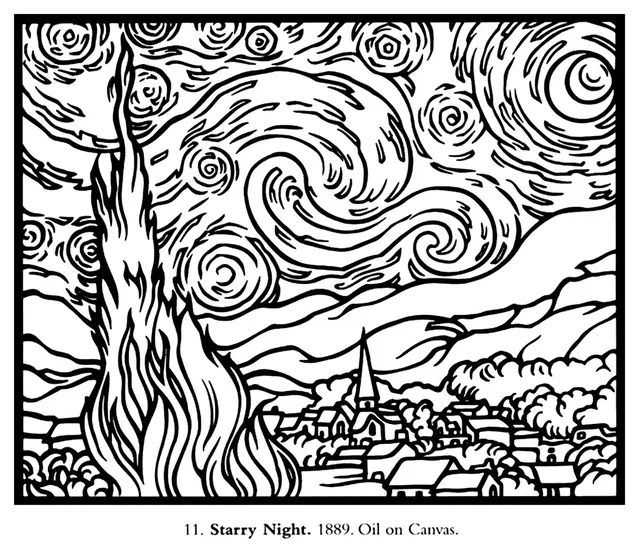 Coloriage Vincent Van Gogh La Nuit Étoilée - Art à imprimer