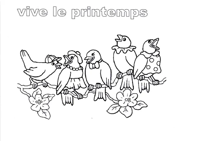 Coloriage Vive Le Printemps Maternelle Oiseaux - Printemps à imprimer