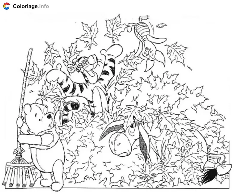 Winnie and Friends in Autumn coloring page to print