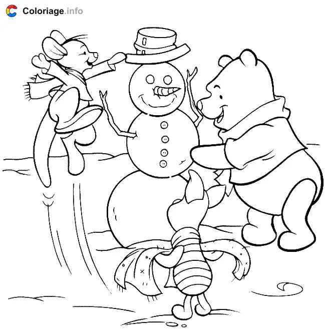Winnie, Piglet, and Roo Build a Snowman coloring page to print