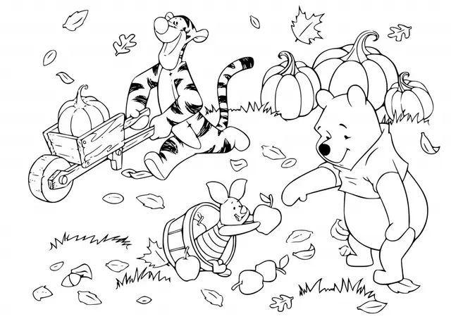 Kleurplaat Winnie de Poeh en Vrienden in de Herfst om te printen