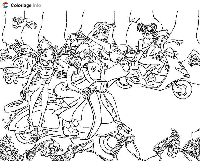 Coloriage Les Winx à moto volante - Winx à imprimer