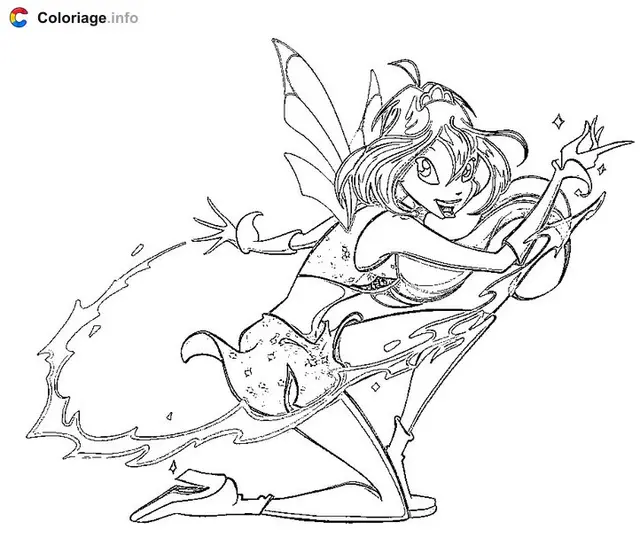 Coloriage Fée Winx volant avec sa baguette magique - Winx à imprimer