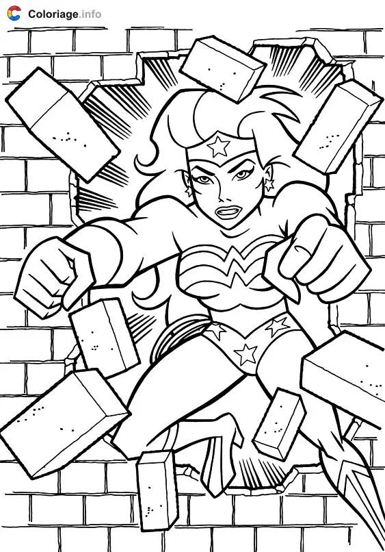 Wonder woman casse un mur de briques coloring page to print
