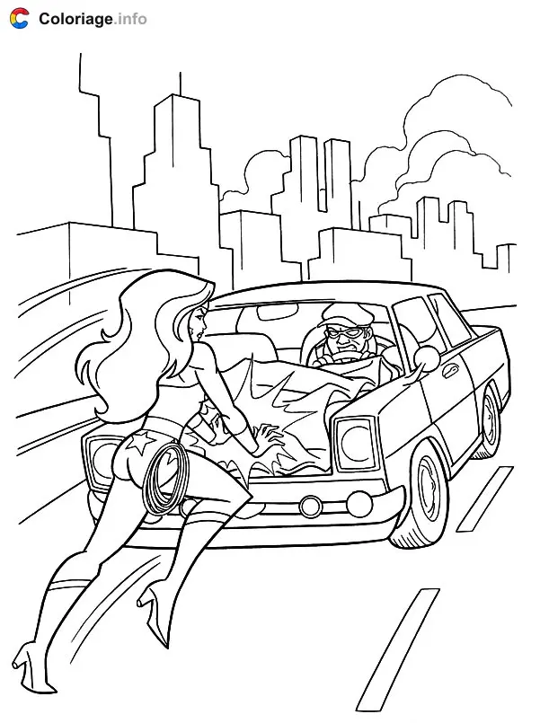 Wonder woman pousse une voiture coloring page to print
