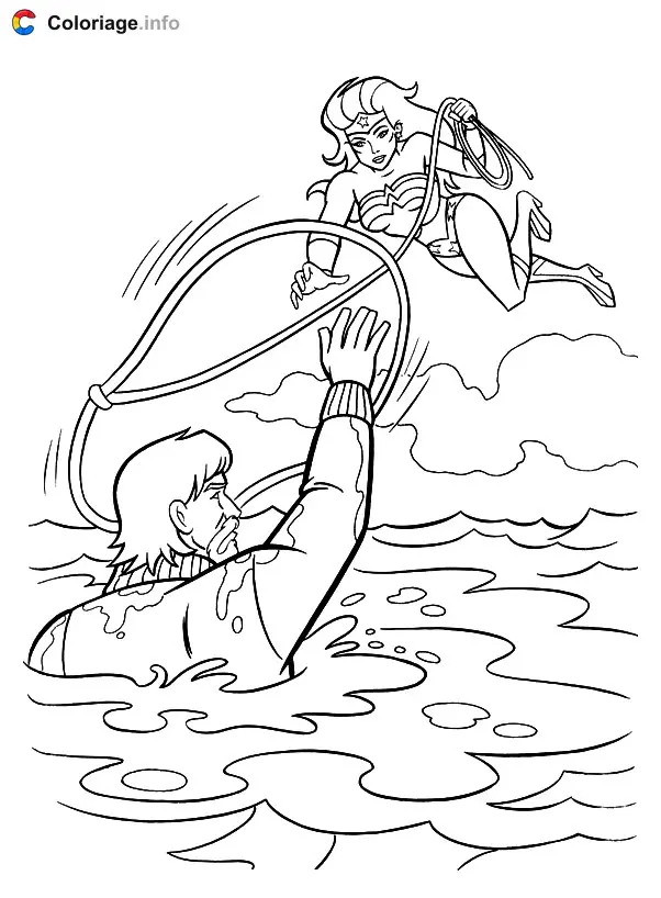 Wonder Woman Rescues a Man from Drowning coloring page to print