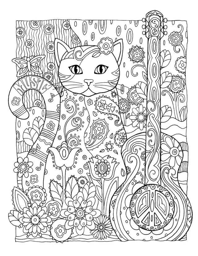Desenho de Gato Gigante com Paz e Flores para colorir