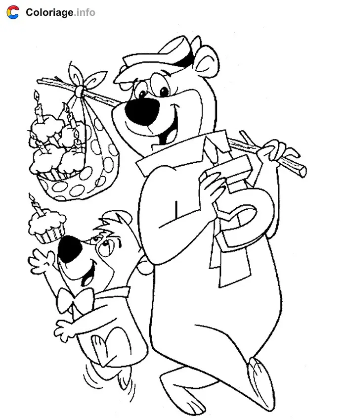 Coloriage Yogi et Boubou avecdes gateaux - Yogi l'ours à imprimer