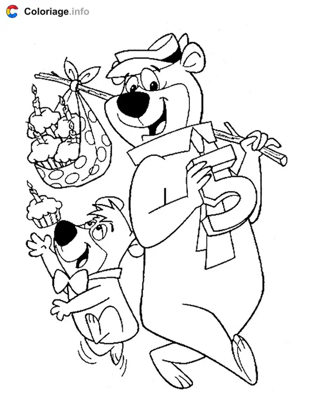 Coloriage Yogi et Boubou avec des gâteaux - Yogi l'ours à imprimer
