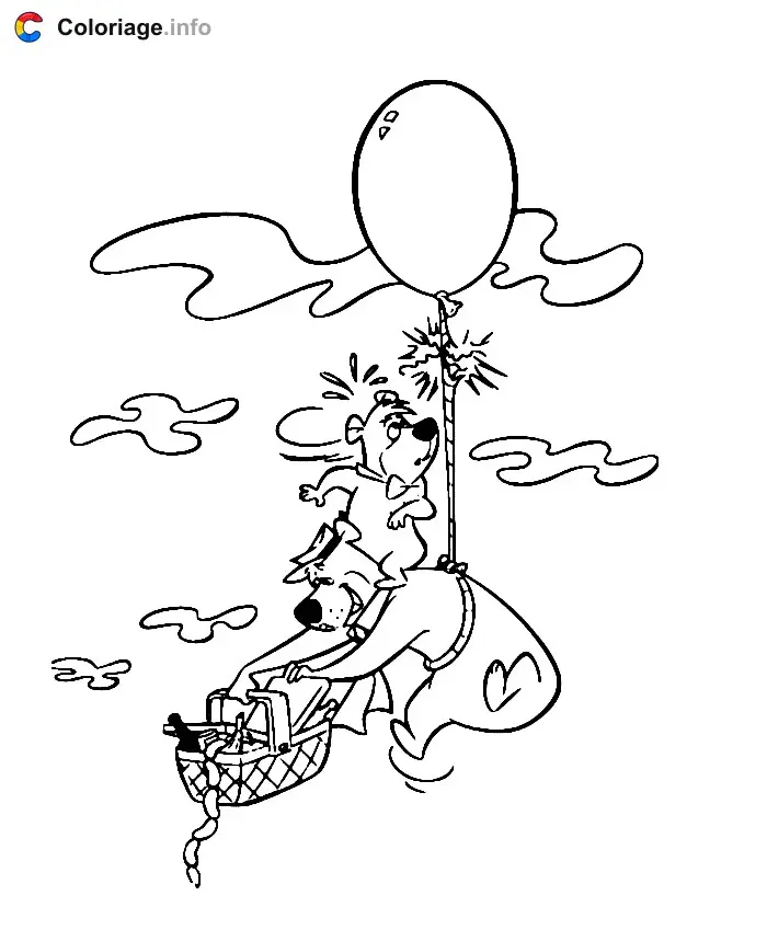 Coloriage Yogi et Boubou dans les airs - Yogi l'ours à imprimer