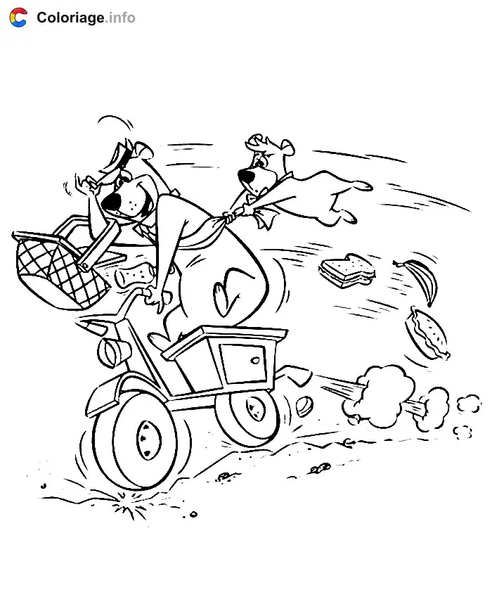 Coloriage Yogi et Boubou sur une mobylette a pleine vitesse - Yogi l'ours à imprimer