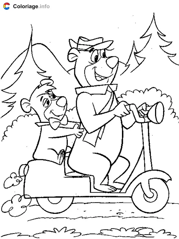 Coloriage Yogi l ours et Boubou sur mobylette - Yogi l'ours à imprimer
