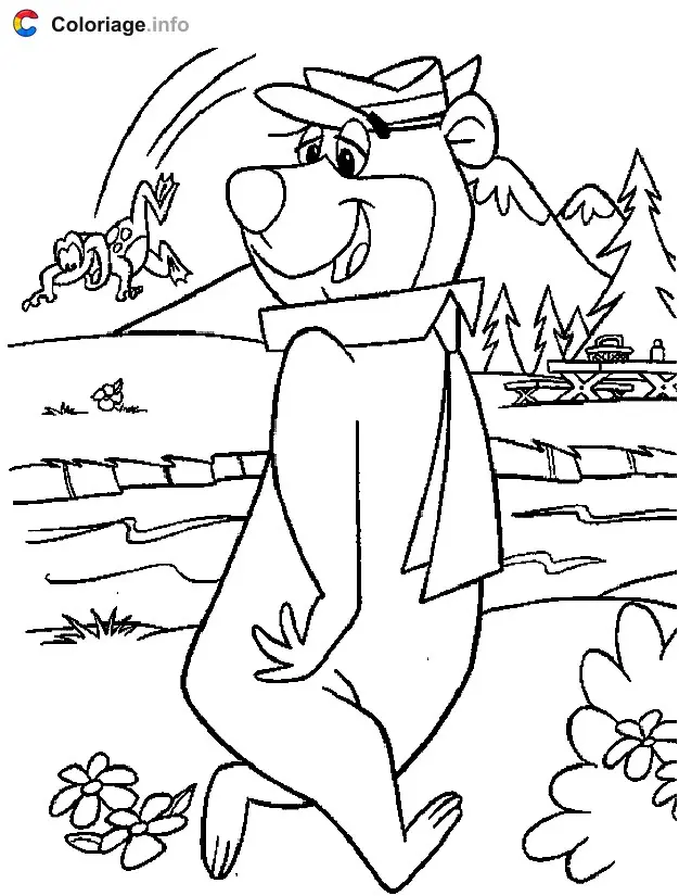 Coloriage Yogi l ours regarde une grenouille - Yogi l'ours à imprimer
