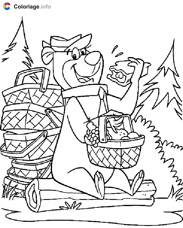 Coloriage Yogi mange les paniers des visiteurs - Yogi l'ours à imprimer