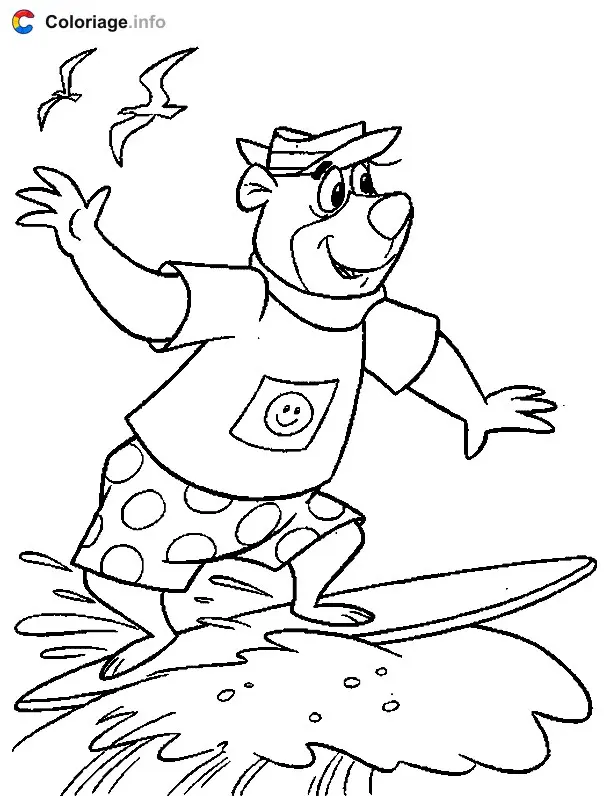 Coloriage Yogi sur une planche de surf - Yogi l'ours à imprimer