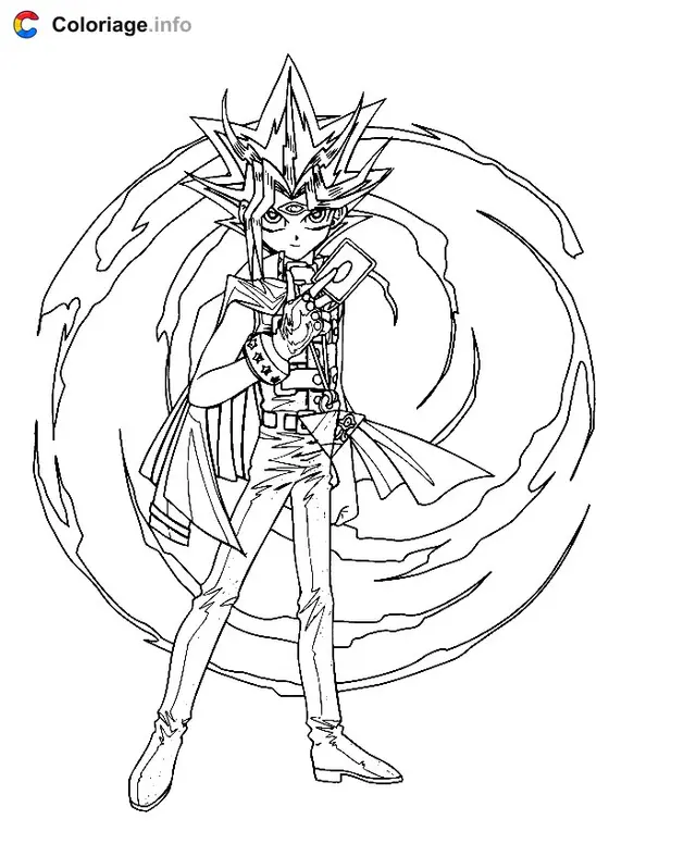Desenho de Yugi Muto invocando suas cartas mágicas para colorir