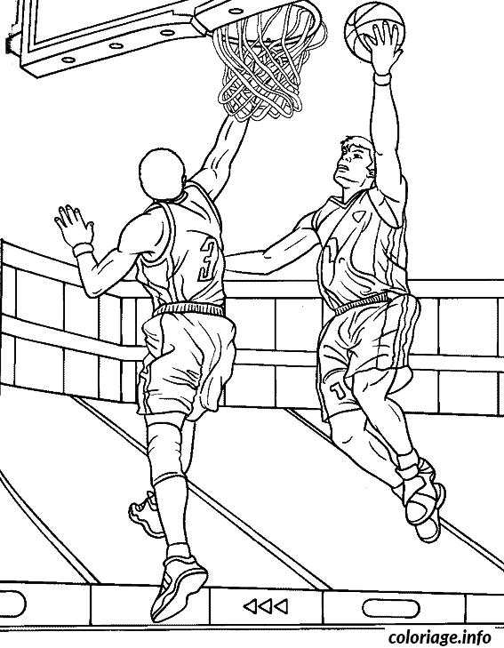 Coloriage Dessin le joueur de basketball va marquer un panier malgre le defenseur - Basketball à imprimer