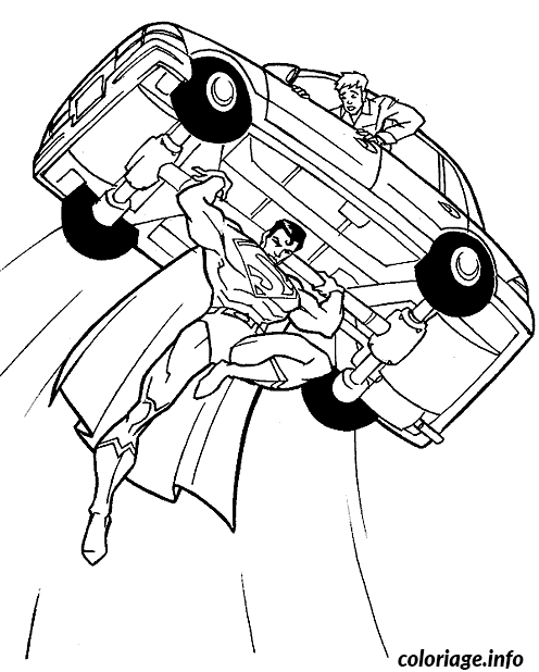 Coloriage Superman souleve une voiture - Superman à imprimer