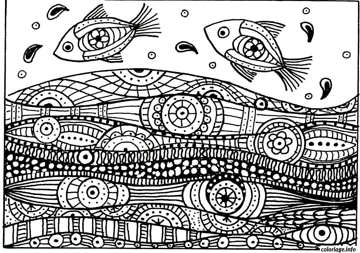 Coloriage Adulte deux poissons vagues motifs - Poisson à imprimer