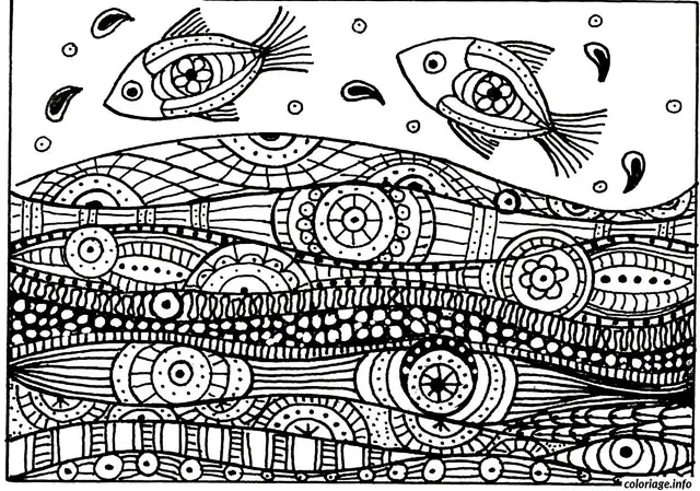 Coloriage Adulte deux poissons vagues motifs - Poisson à imprimer