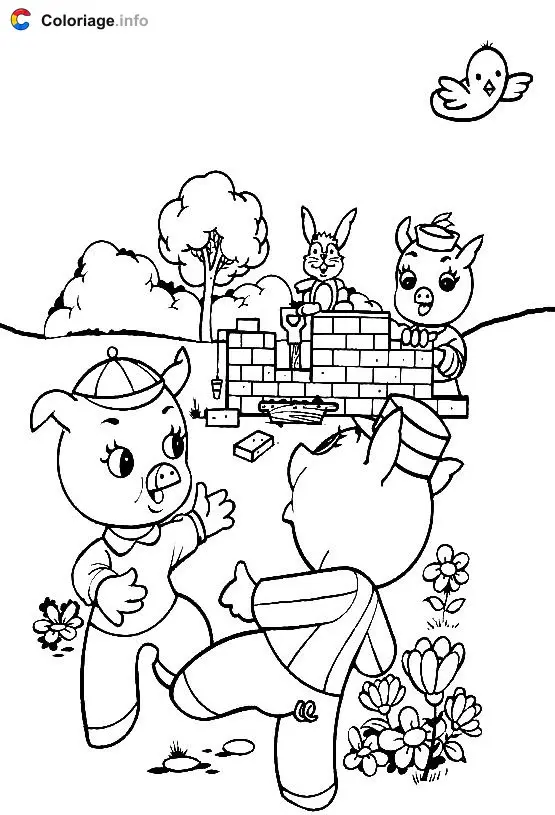 Coloriage 2 petits cochons s'amusent pendant que l'autre construit sa maison - Les 3 Petits Cochons à imprimer