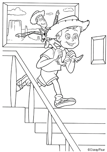 Coloriage Andy Joue Avec Woody - Toy story à imprimer