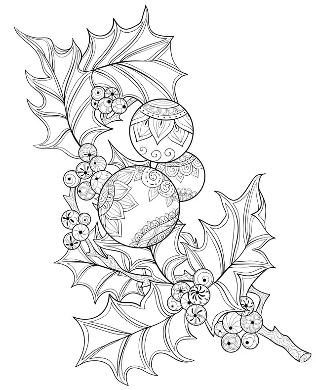 Coloriage Branche De Houx Frais Avec Des Babioles De Noël - Noël adulte à imprimer