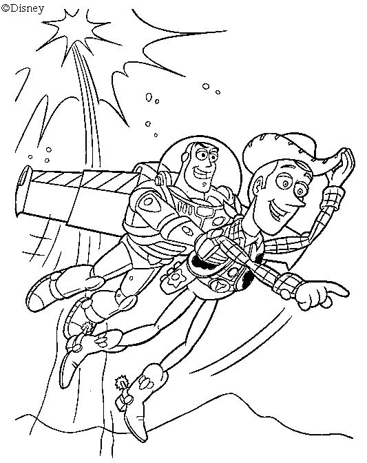 Coloriage Buzz L'Éclair Vole Avec Woody - Toy story à imprimer