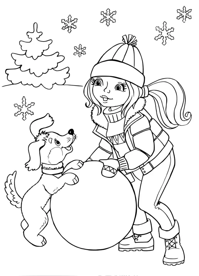 Coloriage Fille Avec Un Chiot Sculpte Un Grand Globe De Neige - Hiver à imprimer