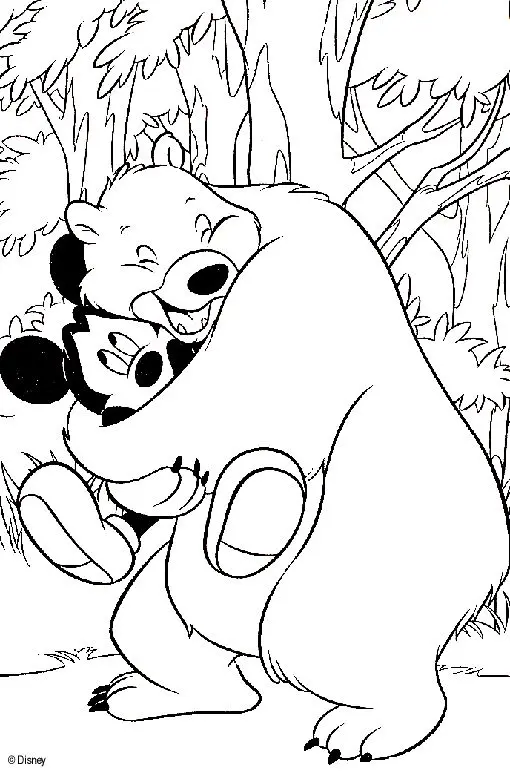 Ausmalbild Micky Maus mit einem liebevollen Bären zum Ausdrucken