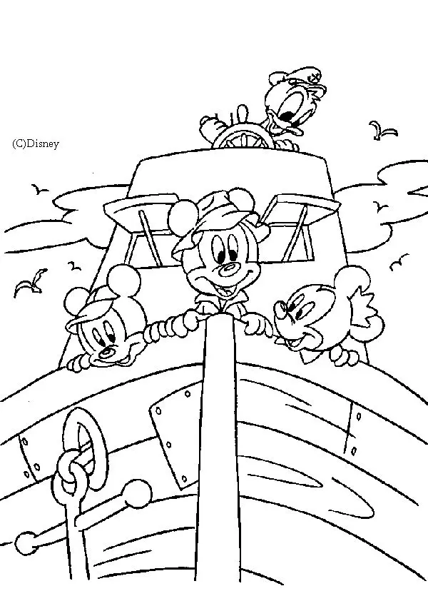 Coloriage Mickey et son ami Donald sur un bateau - Disney à imprimer